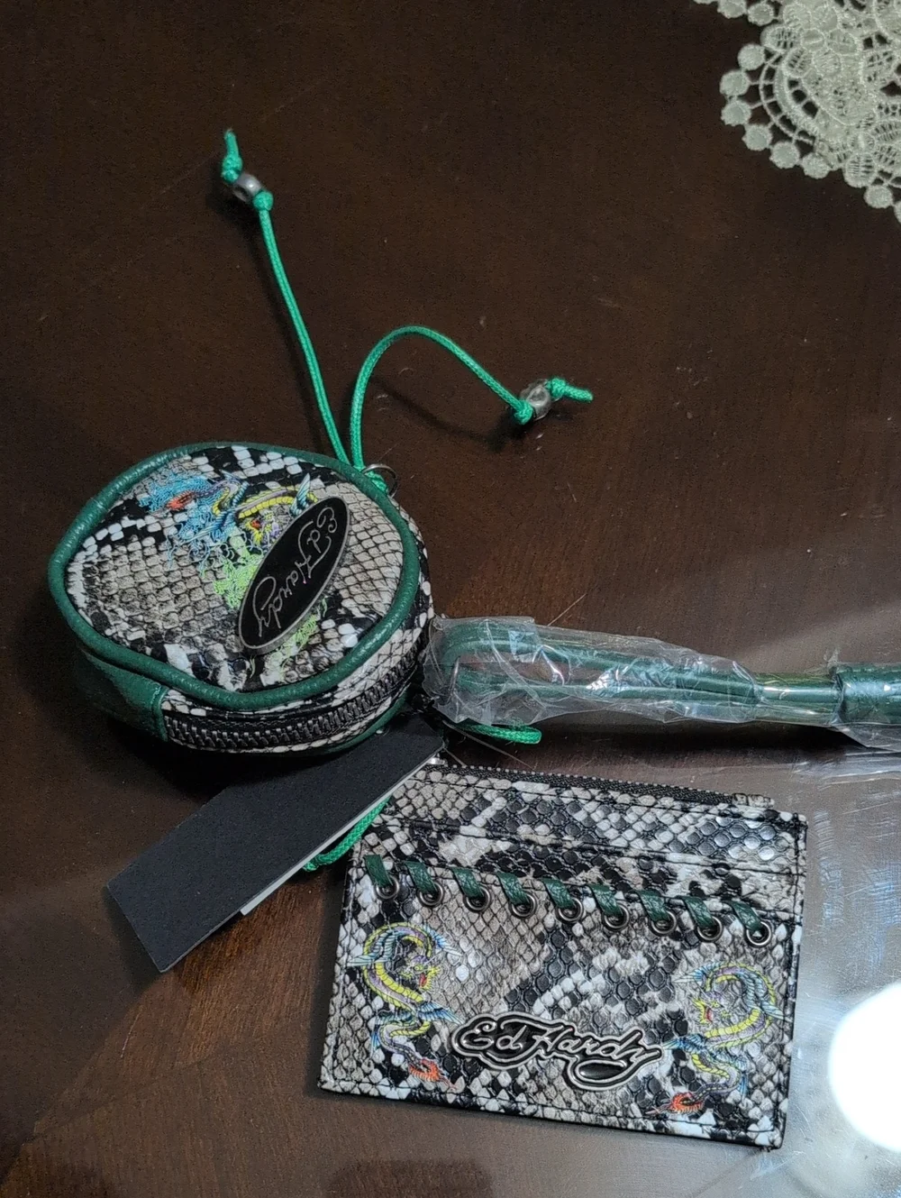 Ed Hardy Green and Black Snake-Print Reptile Accessory Card Wallet Set